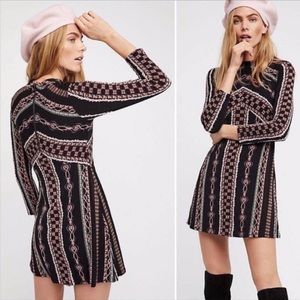 Free People Stella Black Patterned Mock Neck Long Sleeve Mini Dress Size M
